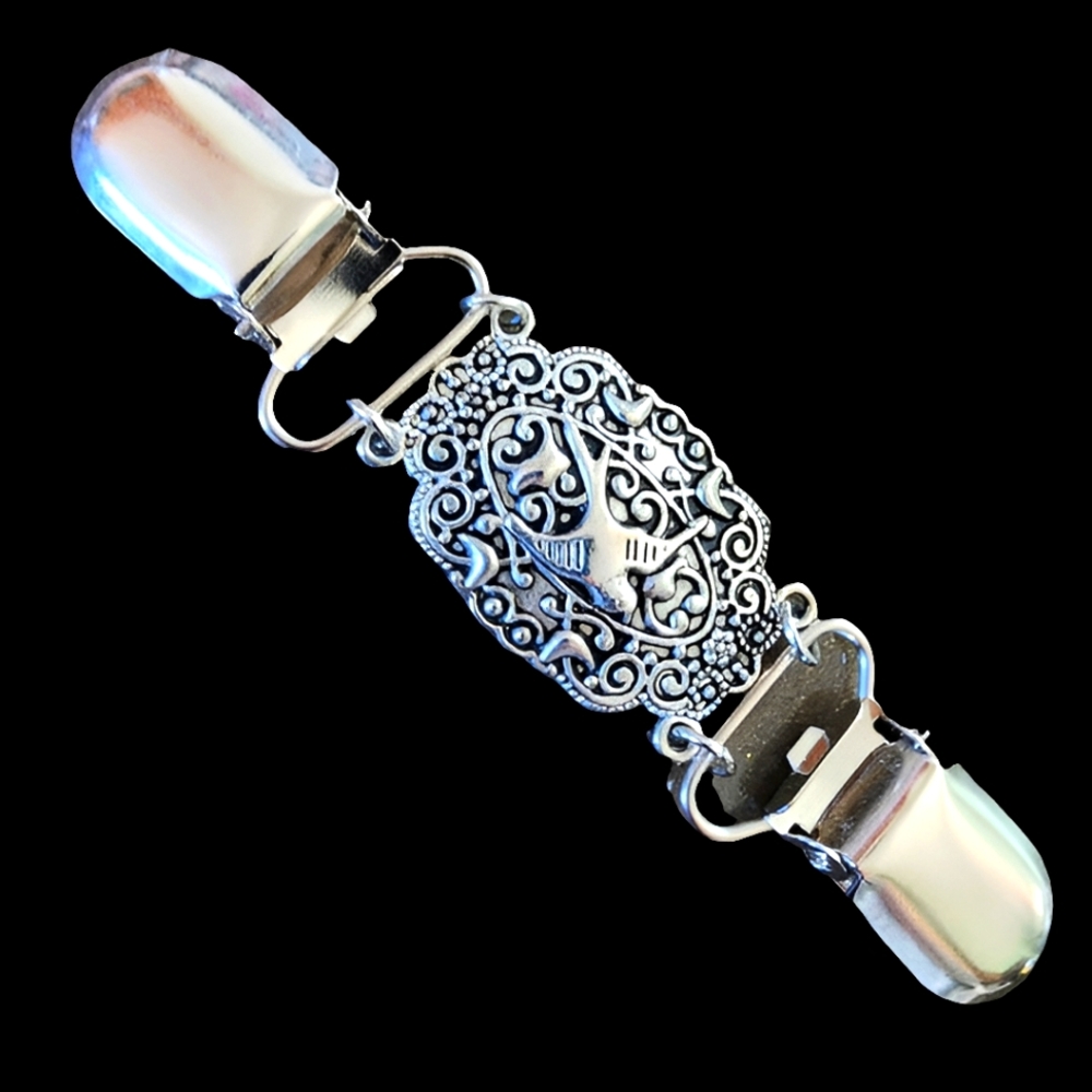 Shawl Cardigan Sweater clip Silver tone with bird fashion costume jewelry